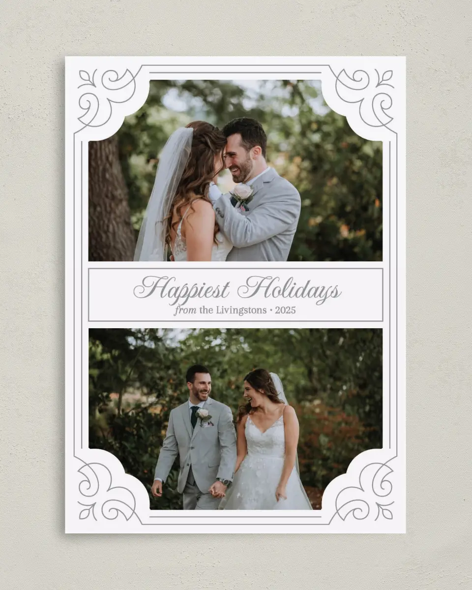This is a 5" x 7" Christmas Card called Fancy Frame printed in full color with Gold foil on Soft Suede (coated) paper