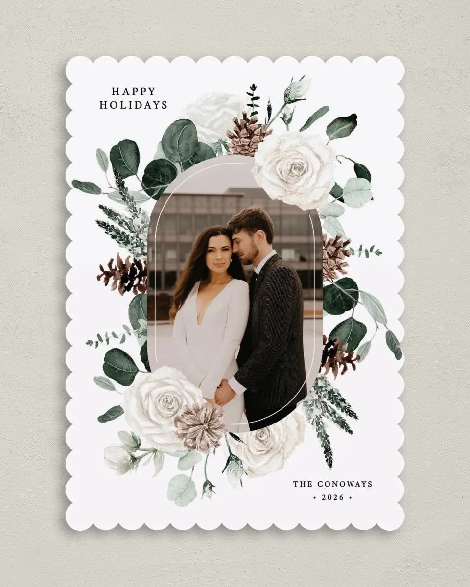 This is a 5" x 7" Christmas Card called Winter Blossoms printed in full color on Premium Smooth paper on Premium Smooth paper on Premium Smooth paper