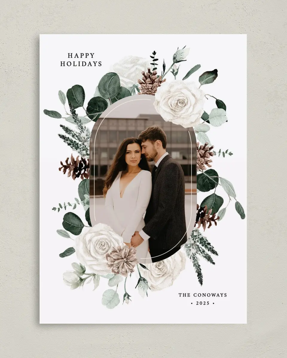 This is a 5" x 7" Christmas Card called Winter Blossoms printed in full color with Silver foil on Soft Suede (coated) paper
