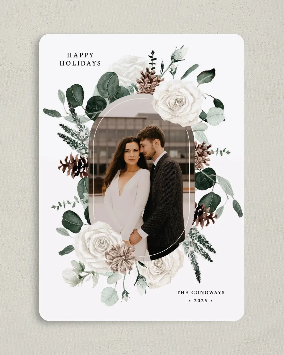 This is a 5" x 7" Christmas Card called Winter Blossoms printed in full color with Gold foil on Soft Suede (coated) paper