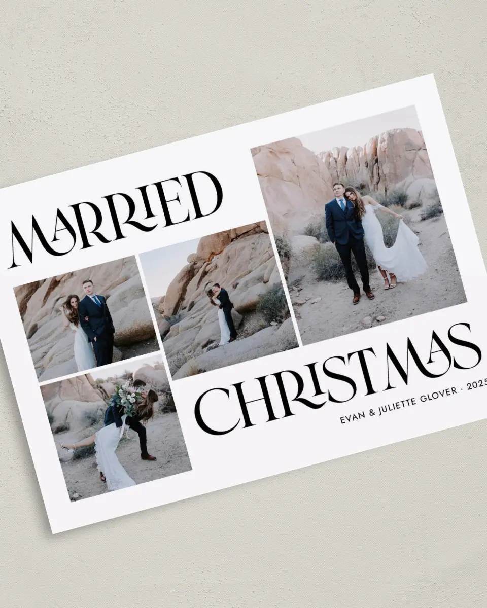 This is a 5" x 7" Christmas Card called Married Christmas printed in full color with Rose Gold foil on Soft Suede (coated) paper