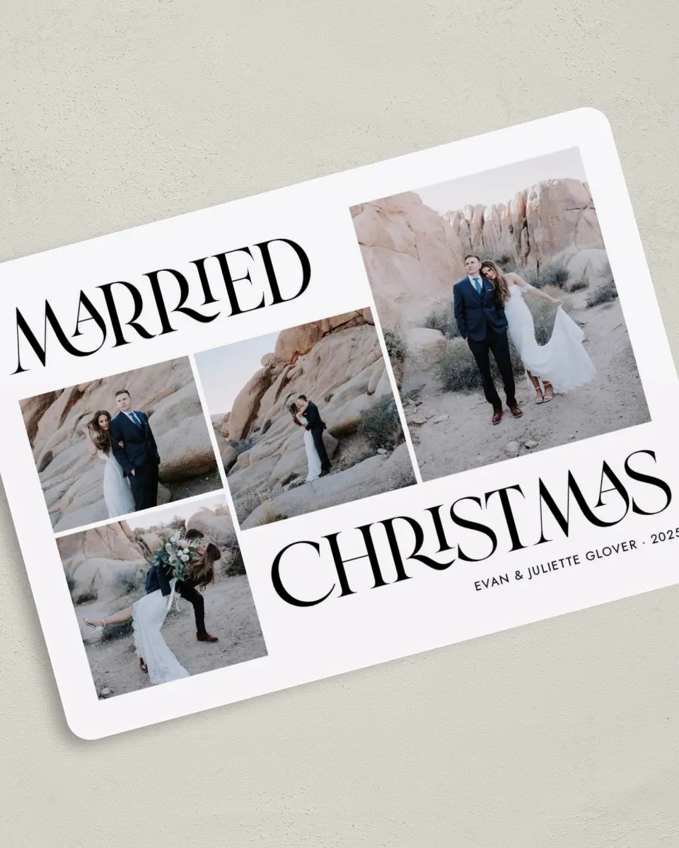 This is a 5" x 7" Christmas Card called Married Christmas printed in full color with Gold foil on Soft Suede (coated) paper