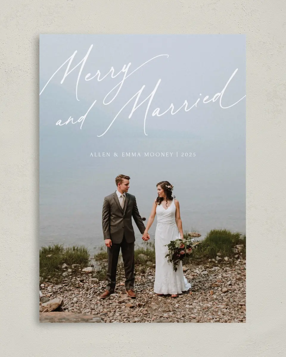 This is a 5" x 7" Christmas Card called Married & Married printed in full color with Gold foil on Soft Suede (coated) paper