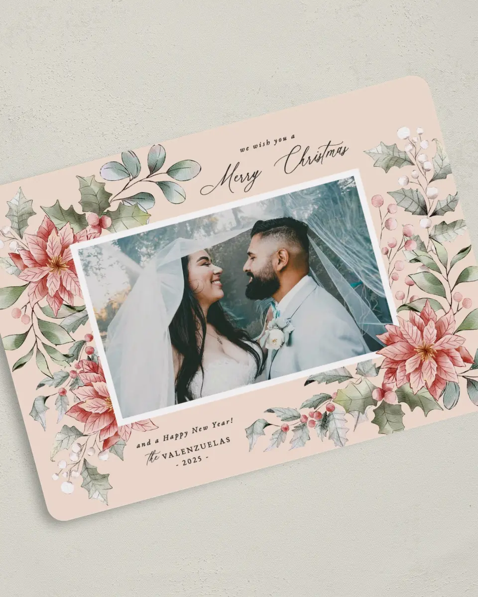 This is a 5" x 7" Christmas Card called Pretty Poinsettia printed in full color with Rose Gold foil on Soft Suede (coated) paper