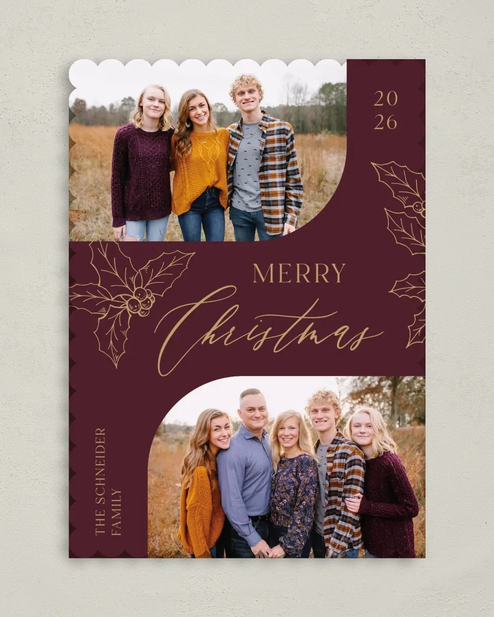This is a 5" x 7" Christmas Card called Lavish Holly printed in full color on Premium Smooth paper on Premium Smooth paper on Premium Smooth paper