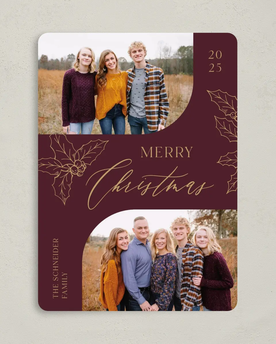 This is a 5" x 7" Christmas Card called Lavish Holly printed in full color on Premium Smooth paper
