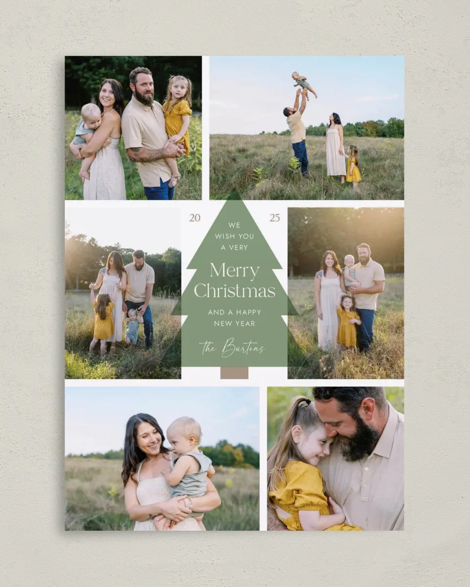 This is a 5" x 7" Christmas Card called Tranquil Tree printed in full color with Gold foil on Soft Suede (coated) paper