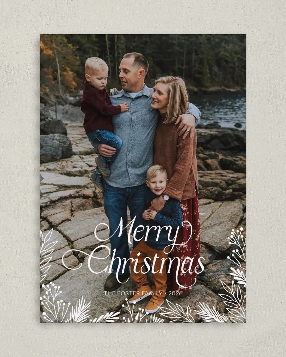 This is a 5" x 7" Christmas Card called Vintage Boughs printed in full color on Premium Smooth paper on Premium Smooth paper on Premium Smooth paper