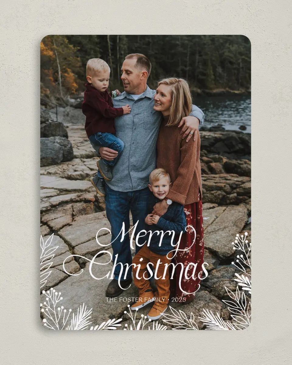 This is a 5" x 7" Christmas Card called Vintage Boughs printed in full color with Rose Gold foil on Soft Suede (coated) paper