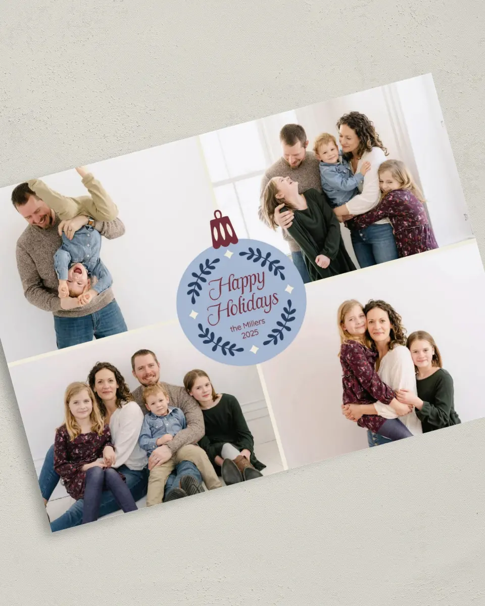 This is a 5" x 7" Christmas Card called Ornamental Greeting printed in full color on Premium Smooth paper