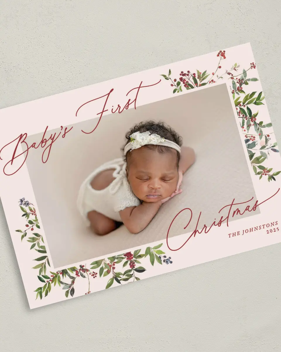 This is a 5" x 7" Christmas Card called Baby's 1st Christmas printed in full color with Rose Gold foil on Soft Suede (coated) paper