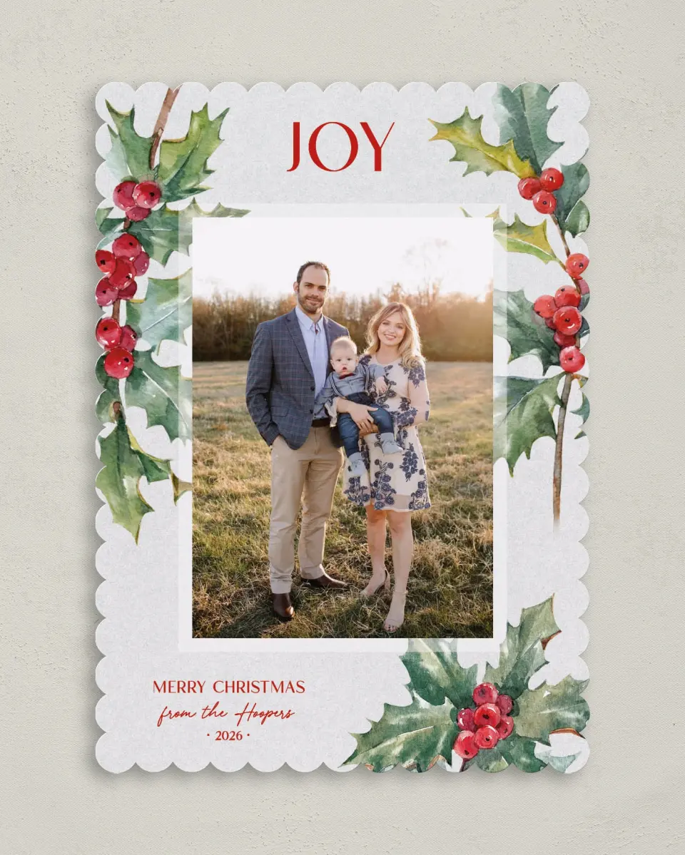 This is a 5" x 7" Christmas Card called Holiday Holly printed in full color on Premium Smooth paper on Premium Smooth paper on Premium Smooth paper