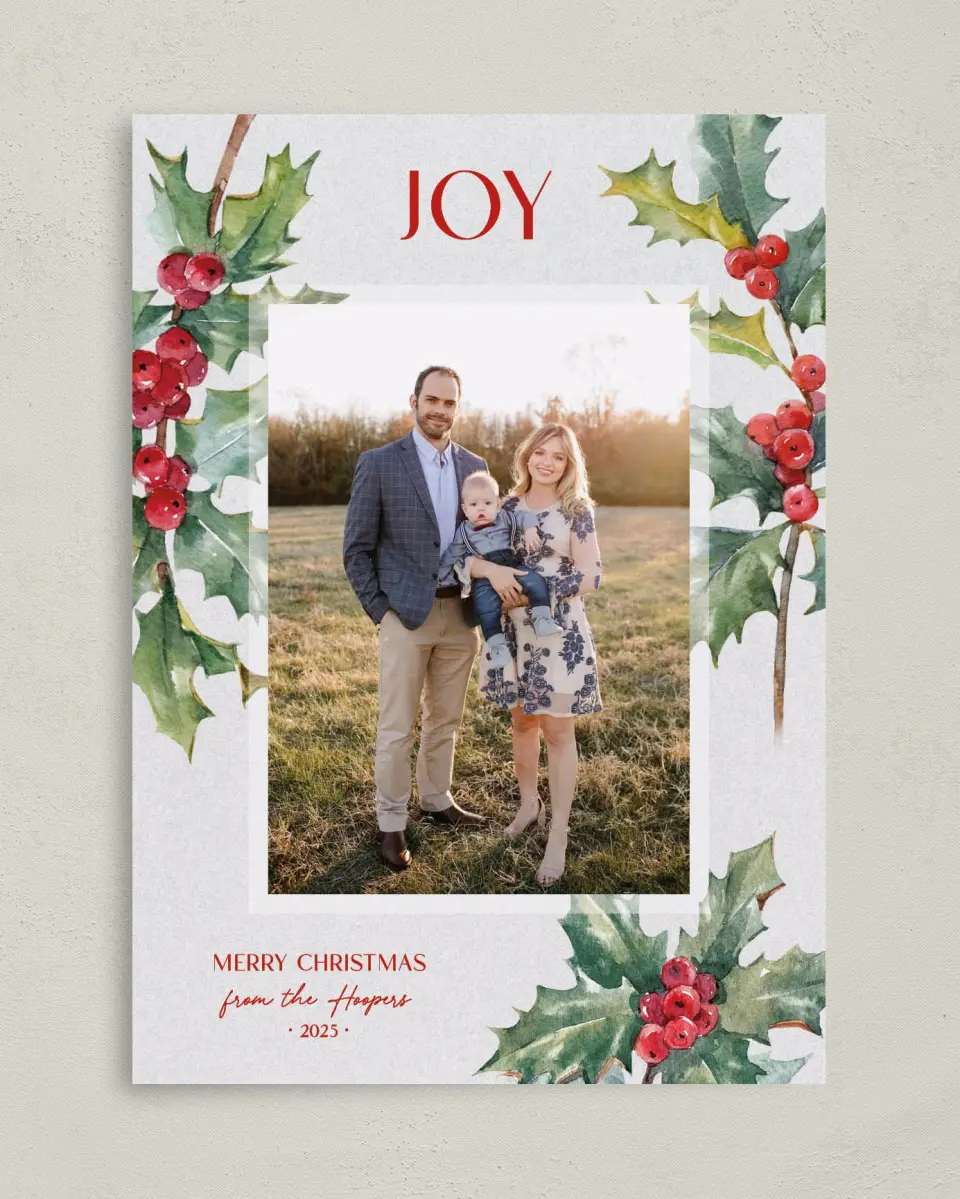 This is a 5" x 7" Christmas Card called Holiday Holly printed in full color on Premium Smooth paper