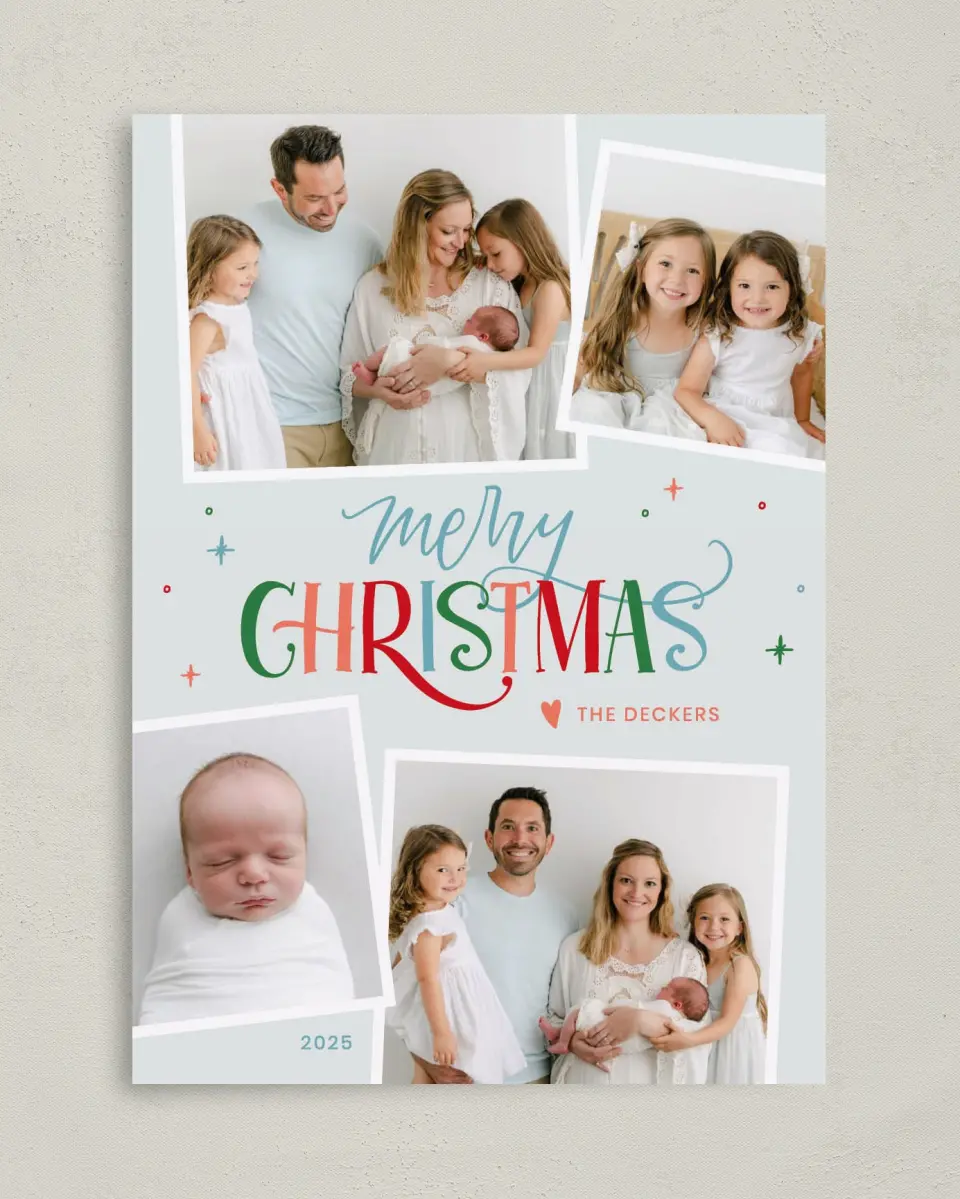 This is a 5" x 7" Christmas Card called Whimsical Wishes printed in full color with Silver foil on Soft Suede (coated) paper