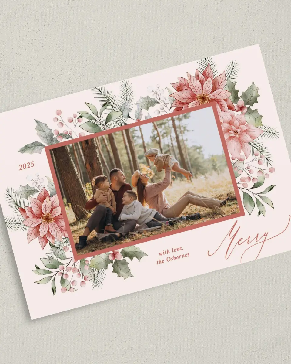 This is a 5" x 7" Christmas Card called Christmas Blossoms printed in full color on Premium Smooth paper
