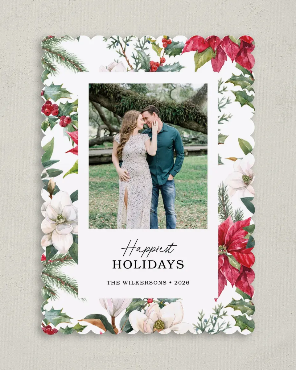 This is a 5" x 7" Christmas Card called Festive Floral printed in full color on Premium Smooth paper on Premium Smooth paper on Premium Smooth paper