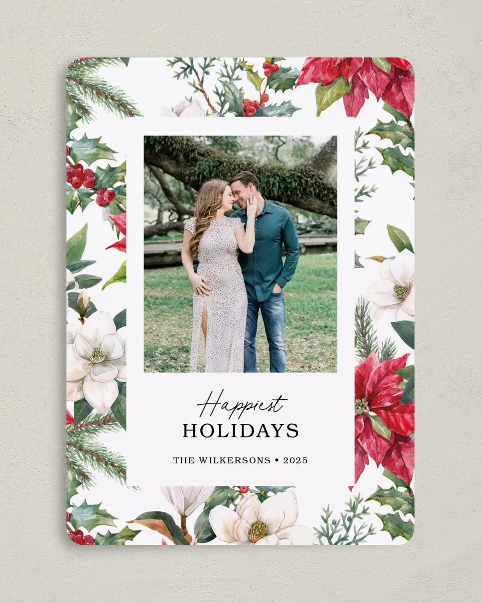 This is a 5" x 7" Christmas Card called Festive Floral printed in full color on Premium Smooth paper