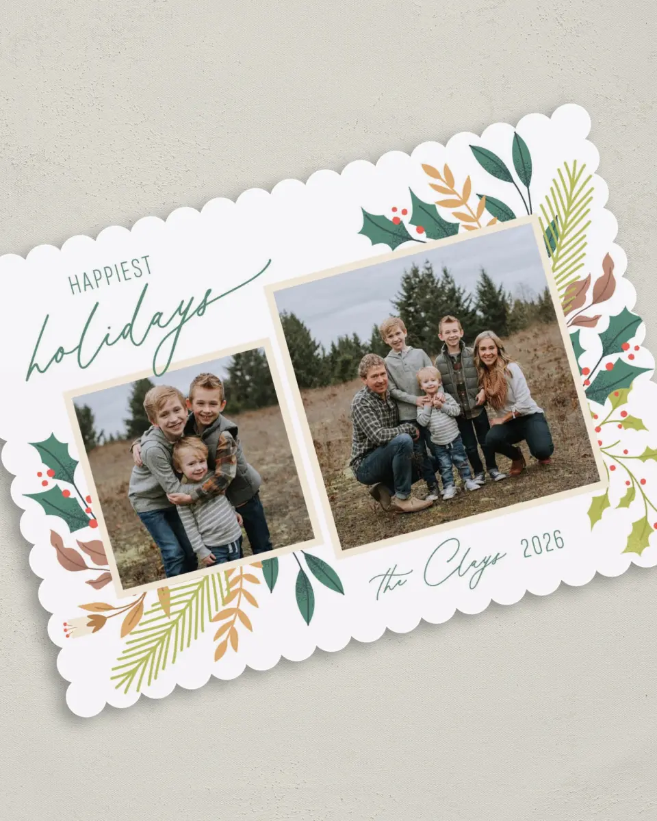 This is a 5" x 7" Christmas Card called Holiday Happiness printed in full color on Premium Smooth paper on Premium Smooth paper on Premium Smooth paper