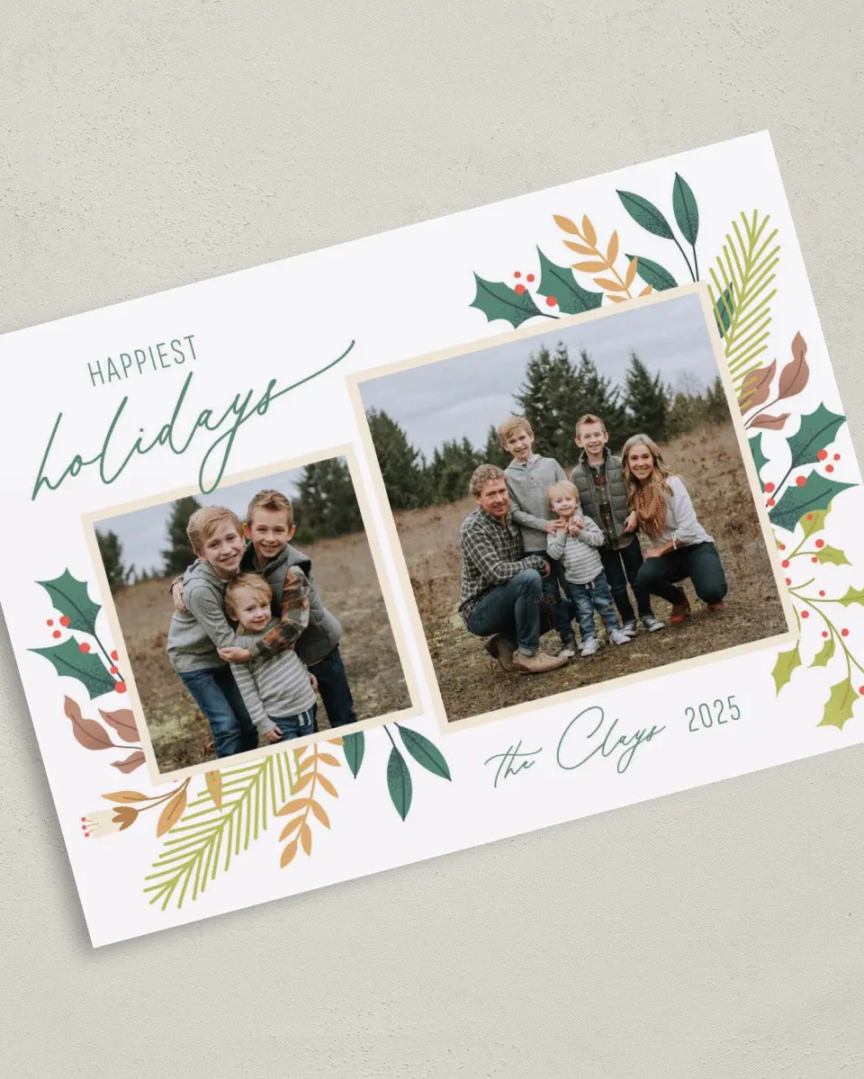This is a 5" x 7" Christmas Card called Holiday Happiness printed in full color on Premium Smooth paper
