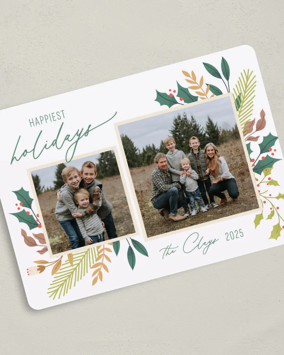 This is a 5" x 7" Christmas Card called Holiday Happiness printed in full color on Premium Smooth paper