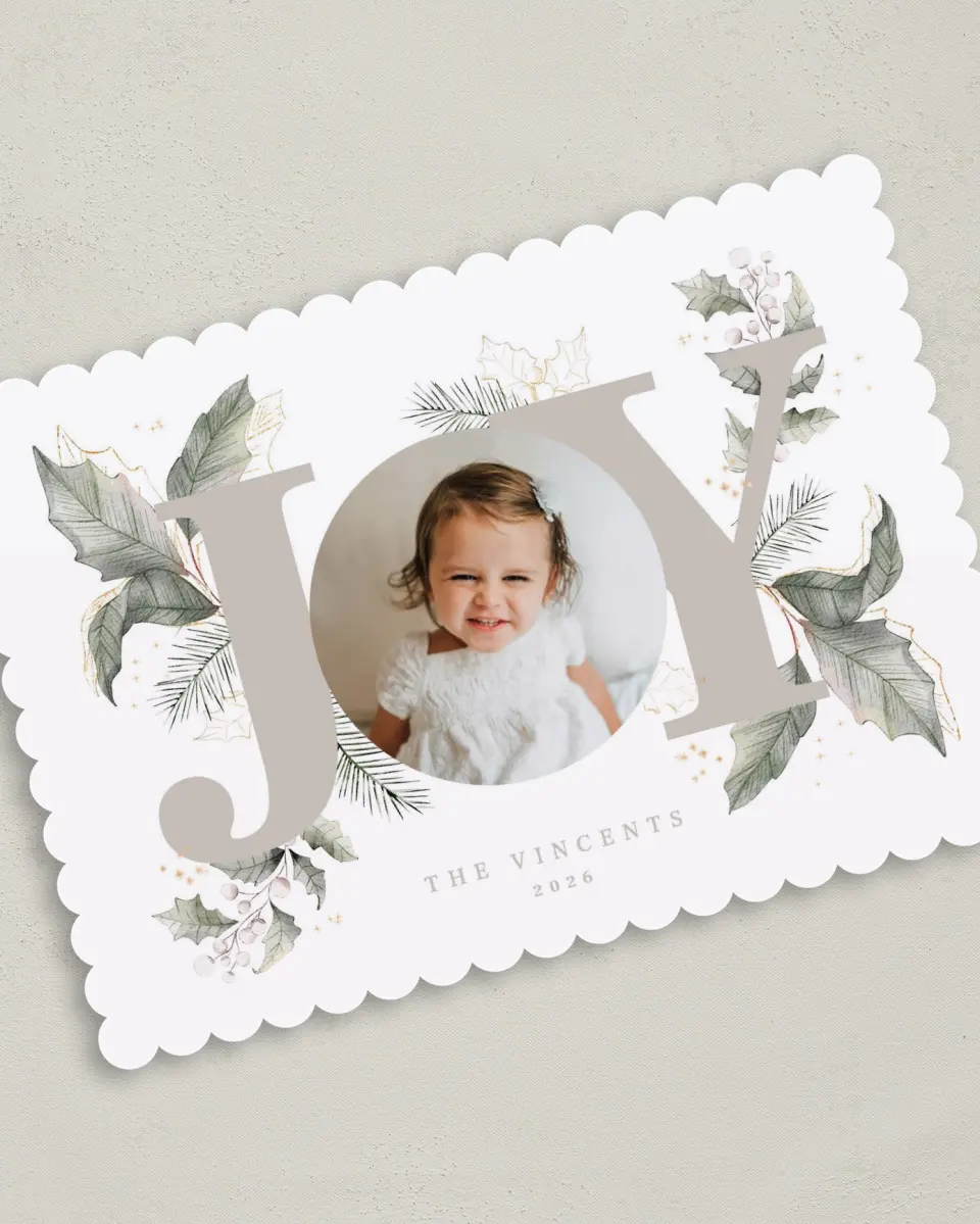 This is a 5" x 7" Christmas Card called Gleaming Joy printed in full color on Premium Smooth paper on Premium Smooth paper on Premium Smooth paper