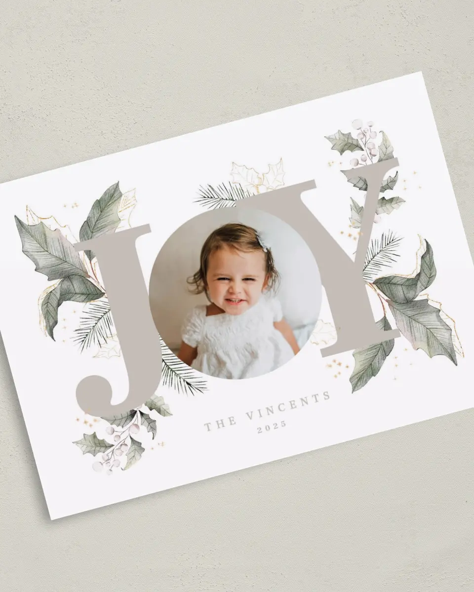 This is a 5" x 7" Christmas Card called Gleaming Joy printed in full color with Gold foil on Soft Suede (coated) paper