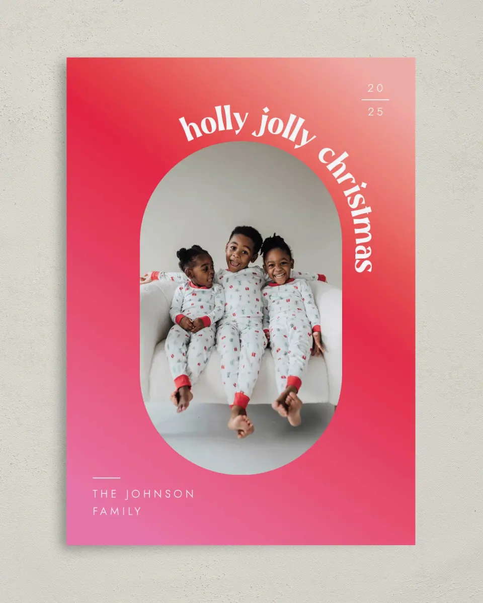 This is a 5" x 7" Christmas Card called Jolly Gradient printed in full color with Silver foil on Soft Suede (coated) paper