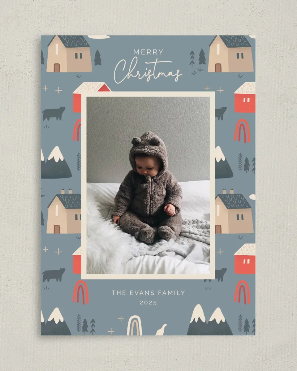 This is a 5" x 7" Christmas Card called Mountain Homes printed in full color with Rose Gold foil on Soft Suede (coated) paper