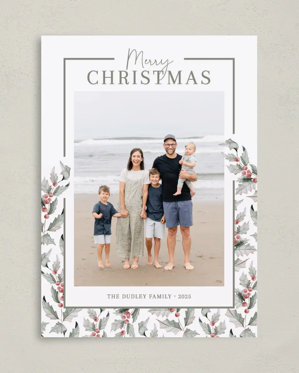 This is a 5" x 7" Christmas Card called Soft Holly printed in full color with Rose Gold foil on Soft Suede (coated) paper