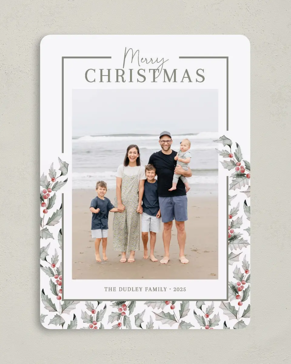 This is a 5" x 7" Christmas Card called Soft Holly printed in full color on Premium Smooth paper
