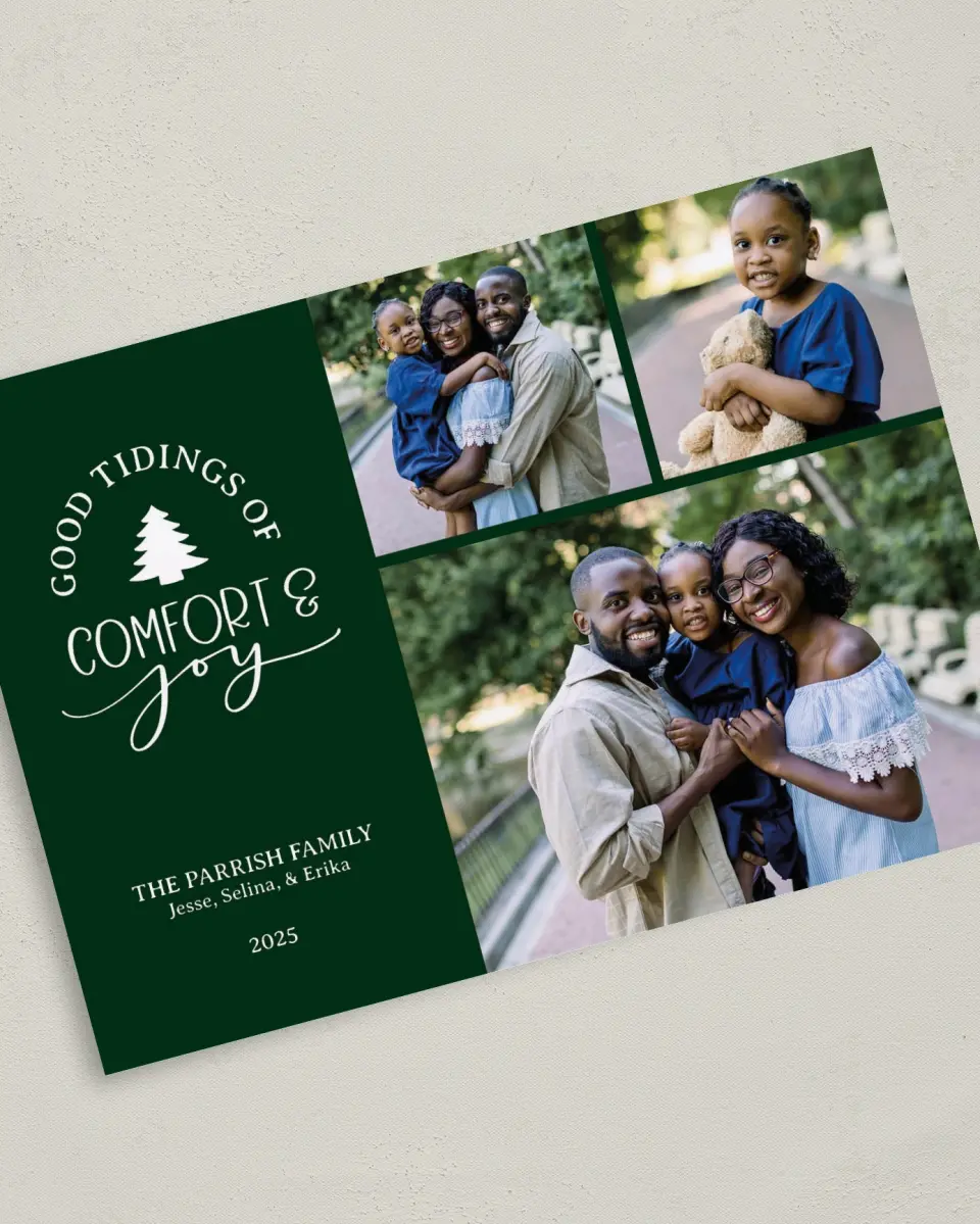 This is a 5" x 7" Christmas Card called Good Tidings printed in full color on Premium Smooth paper