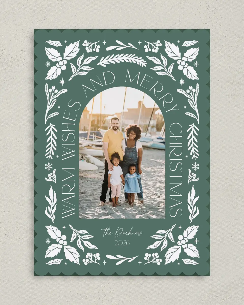 This is a 5" x 7" Christmas Card called Warm Wishes printed in full color with Gold foil on Premium Smooth paper on Premium Smooth paper on Premium Smooth paper
