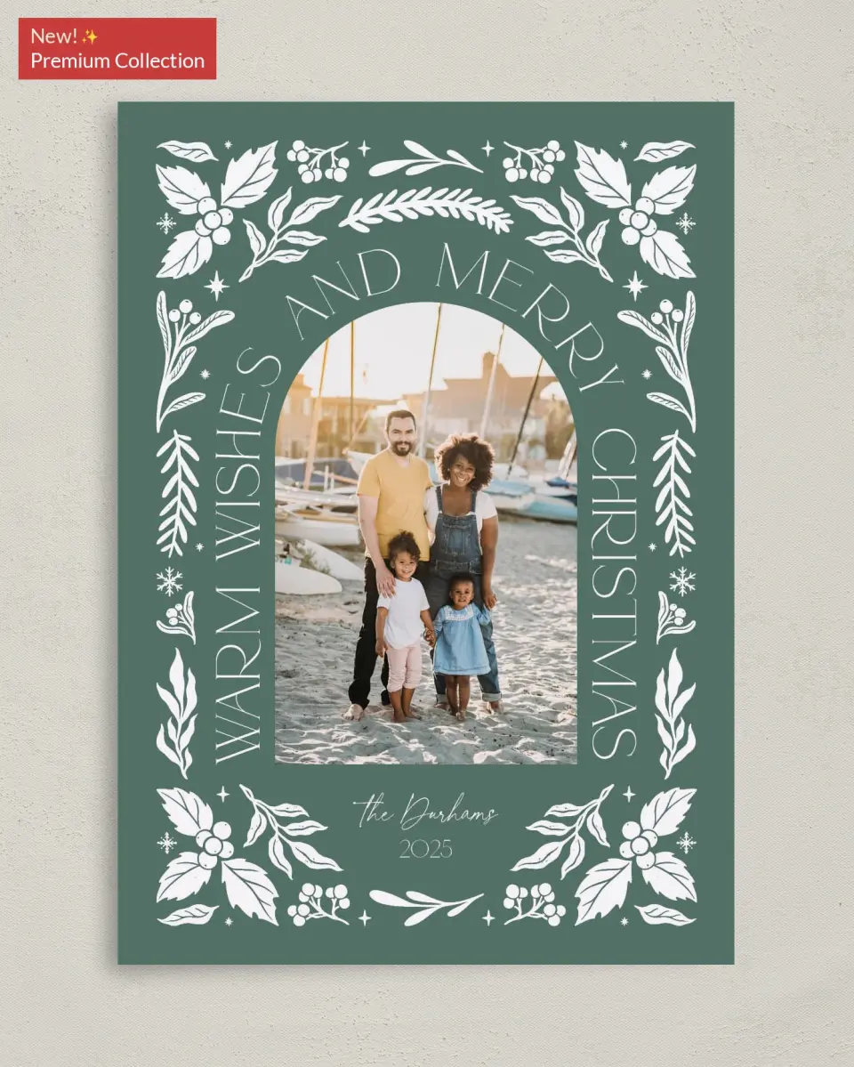 This is a 5" x 7" Christmas Card called Warm Wishes printed in full color with Gold foil on Premium Smooth paper