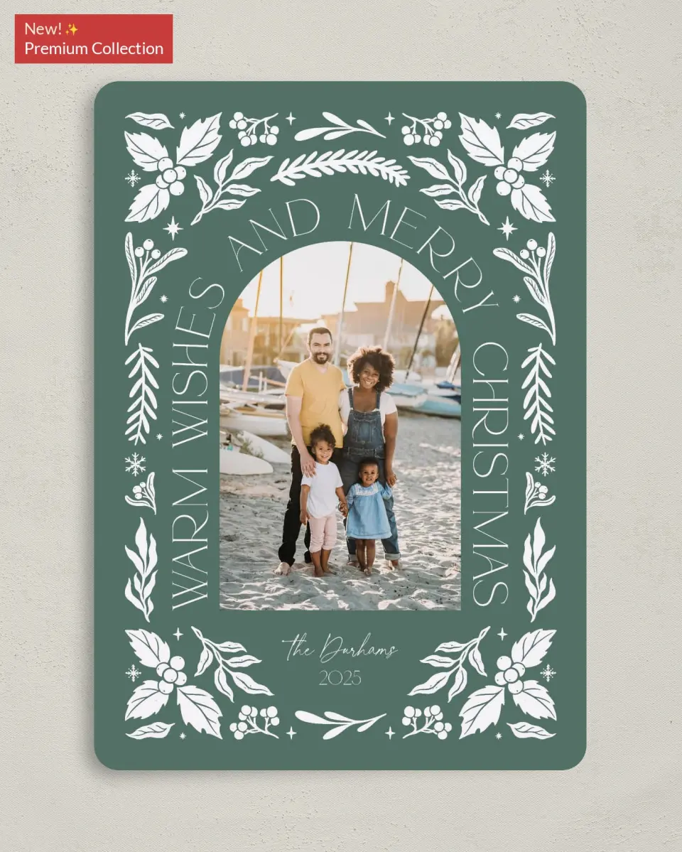 This is a 5" x 7" Christmas Card called Warm Wishes printed in full color with Gold foil on Premium Smooth paper