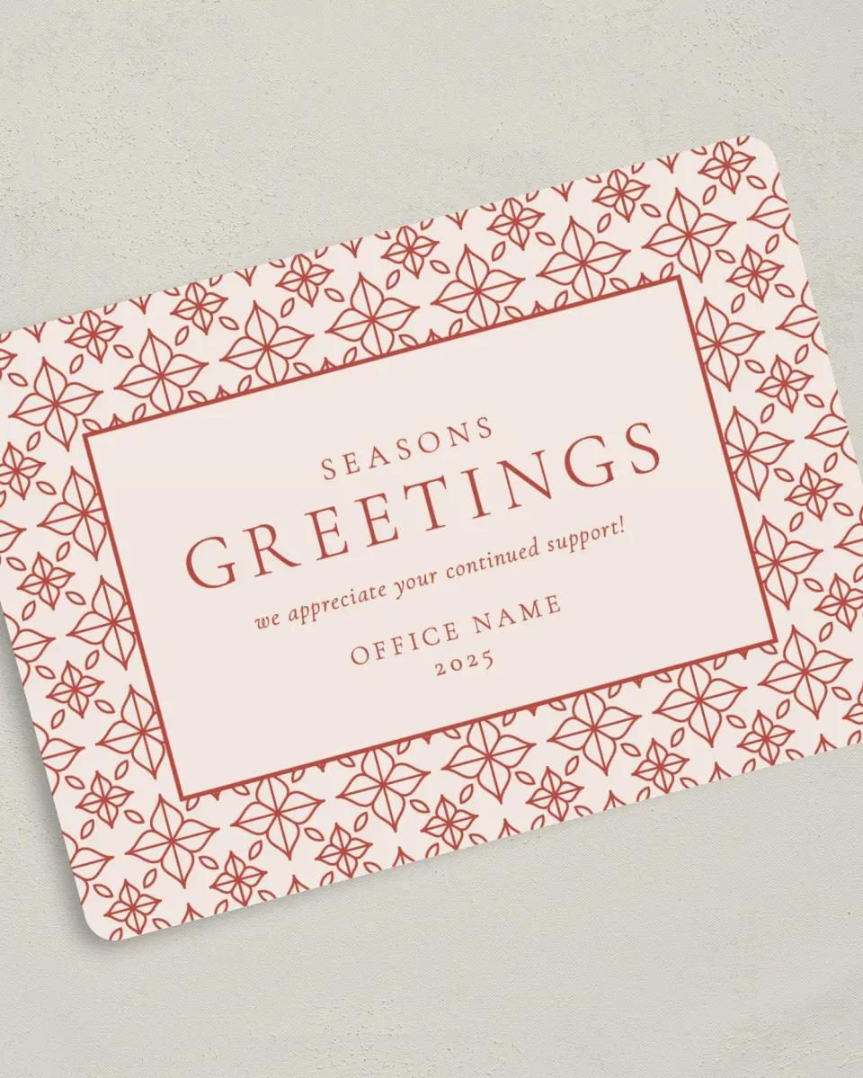 This is a 5" x 7" Christmas Card called Delicate Design printed in full color with Rose Gold foil on Soft Suede (coated) paper