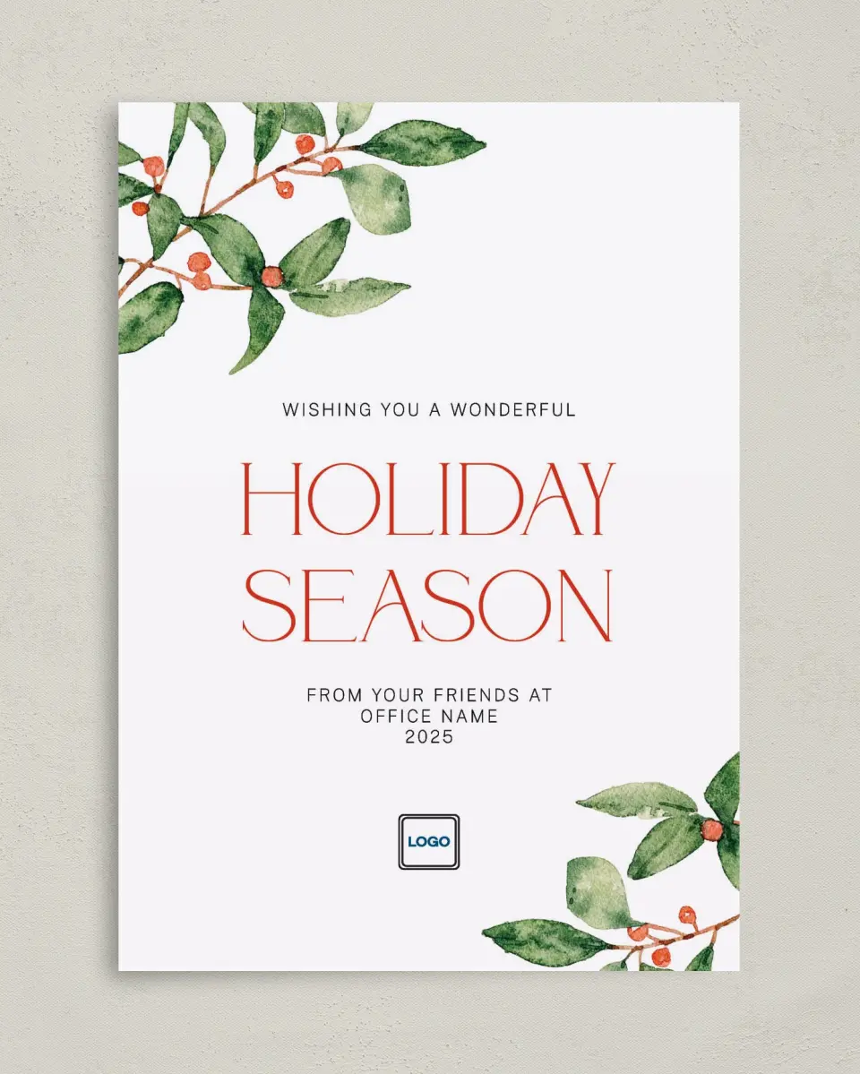 This is a 5" x 7" Christmas Card called Pretty Cheer printed in full color with Gold foil on Soft Suede (coated) paper