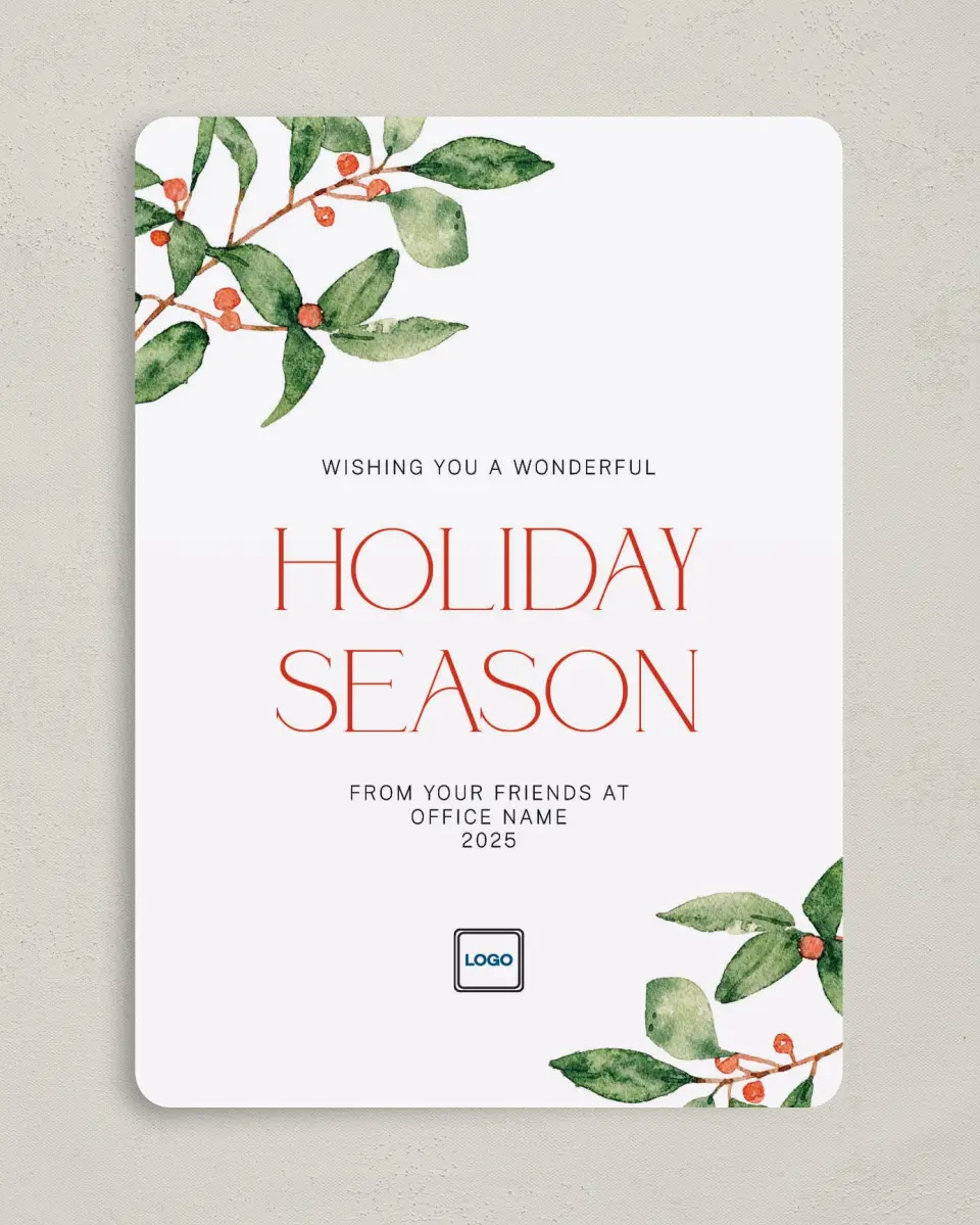 This is a 5" x 7" Christmas Card called Pretty Cheer printed in full color with Gold foil on Soft Suede (coated) paper