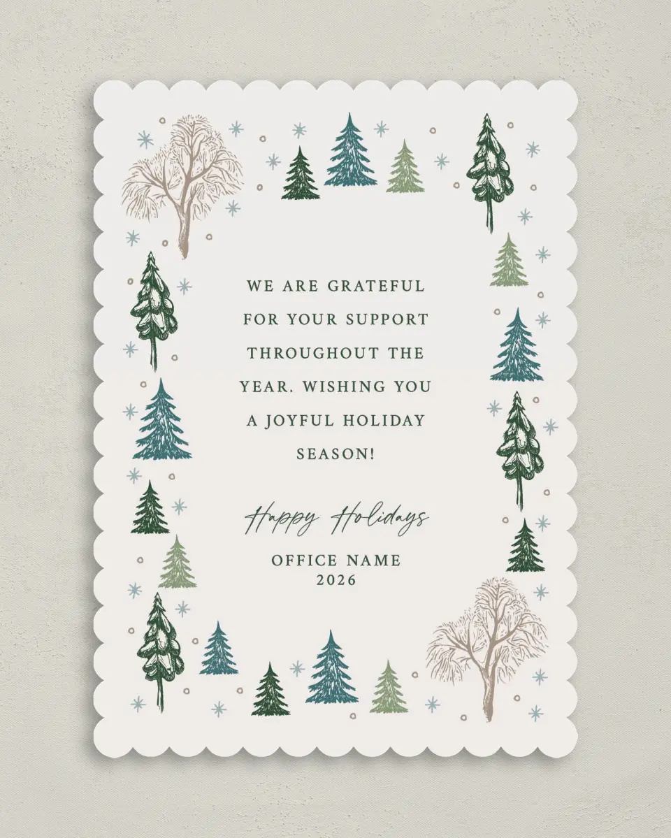 This is a 5" x 7" Christmas Card called Trees of Joy printed in full color on Premium Smooth paper on Premium Smooth paper on Premium Smooth paper