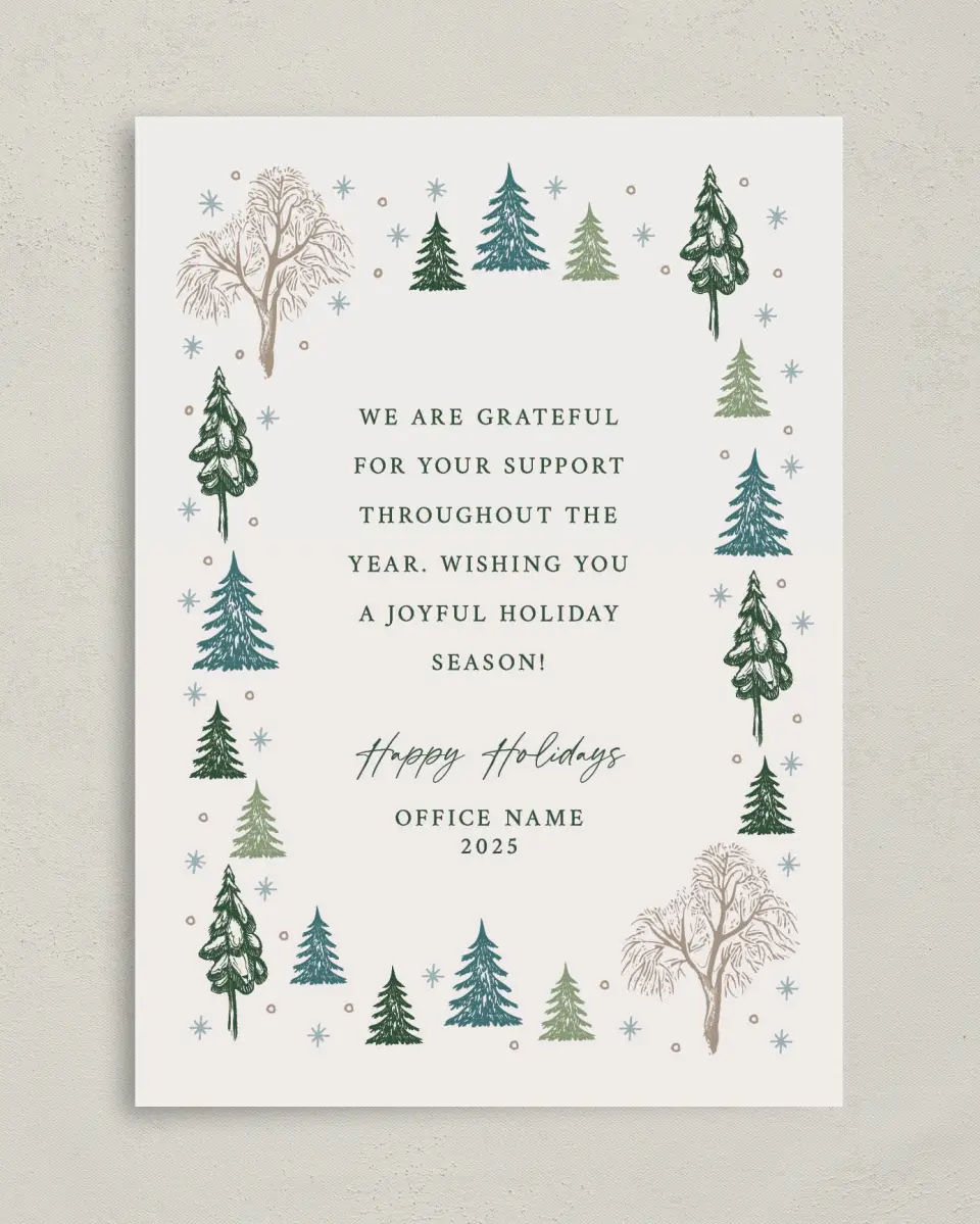 This is a 5" x 7" Christmas Card called Trees of Joy printed in full color with Silver foil on Soft Suede (coated) paper