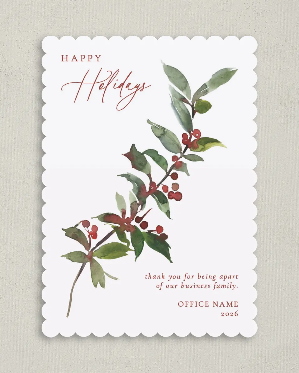 This is a 5" x 7" Christmas Card called Holly Holidays printed in full color on Premium Smooth paper on Premium Smooth paper on Premium Smooth paper