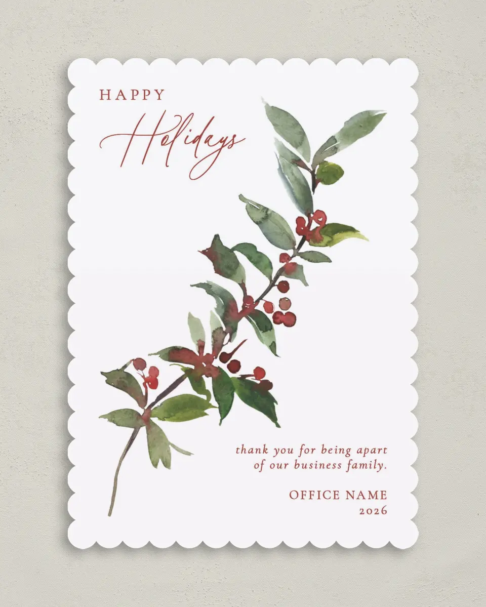 This is a 5" x 7" Christmas Card called Holly Holidays printed in full color on Premium Smooth paper on Premium Smooth paper on Premium Smooth paper