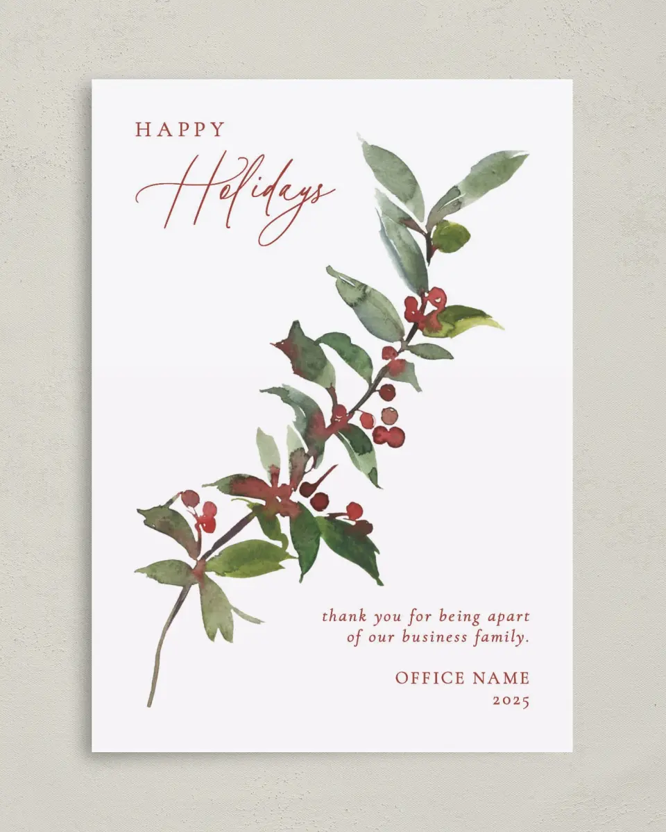 This is a 5" x 7" Christmas Card called Holly Holidays printed in full color with Rose Gold foil on Soft Suede (coated) paper