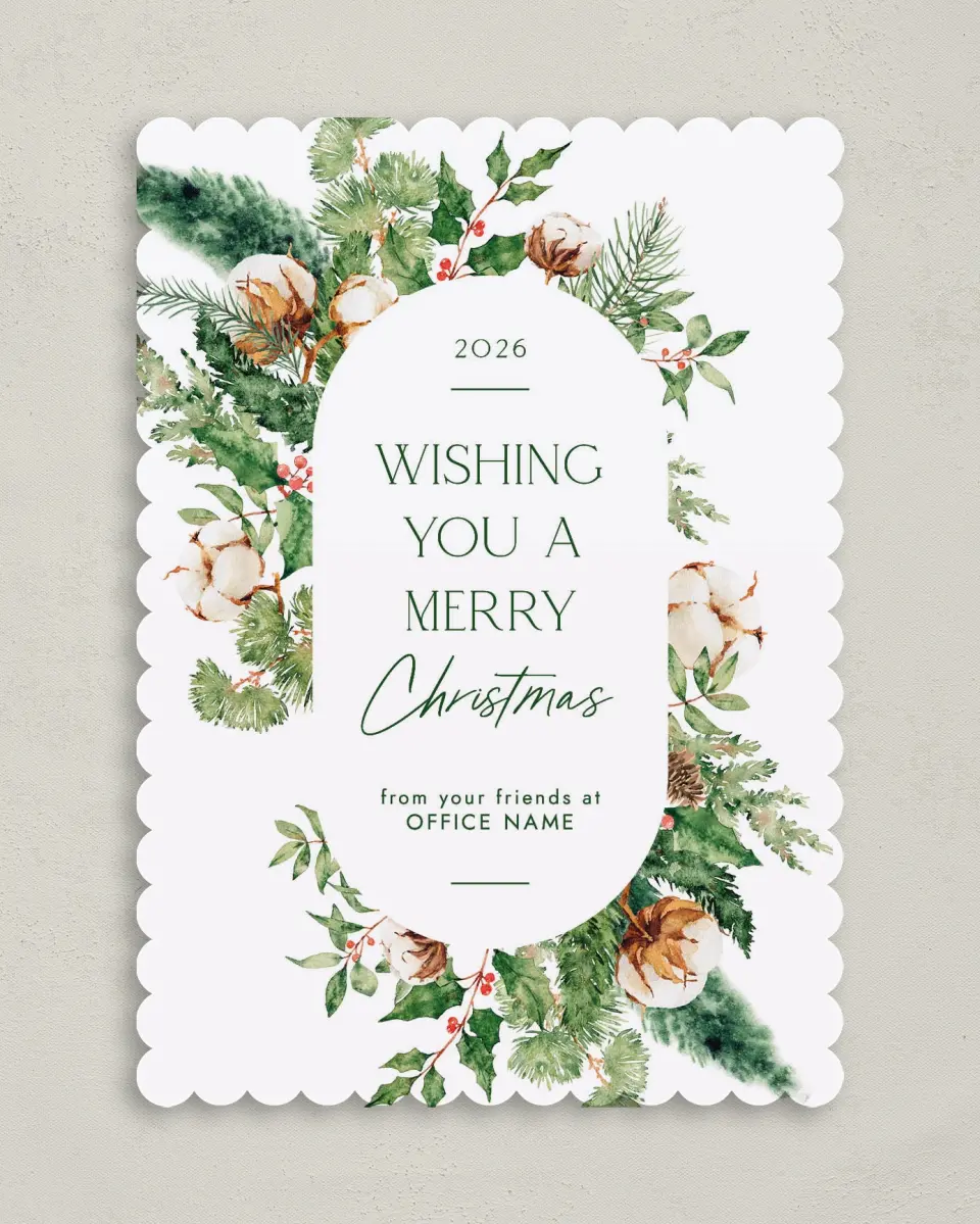 This is a 5" x 7" Christmas Card called Wreath of Cheer printed in full color on Premium Smooth paper on Premium Smooth paper on Premium Smooth paper