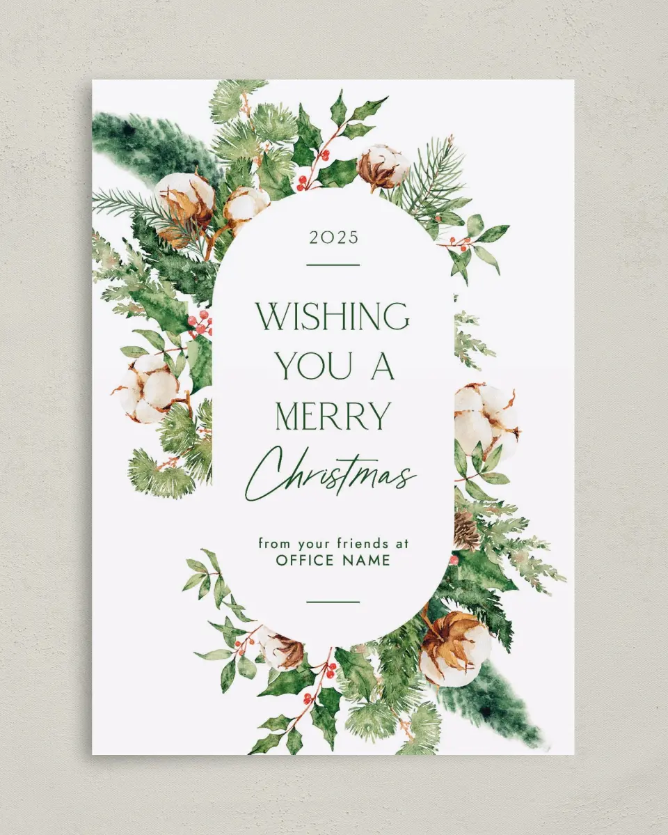This is a 5" x 7" Christmas Card called Wreath of Cheer printed in full color with Rose Gold foil on Soft Suede (coated) paper