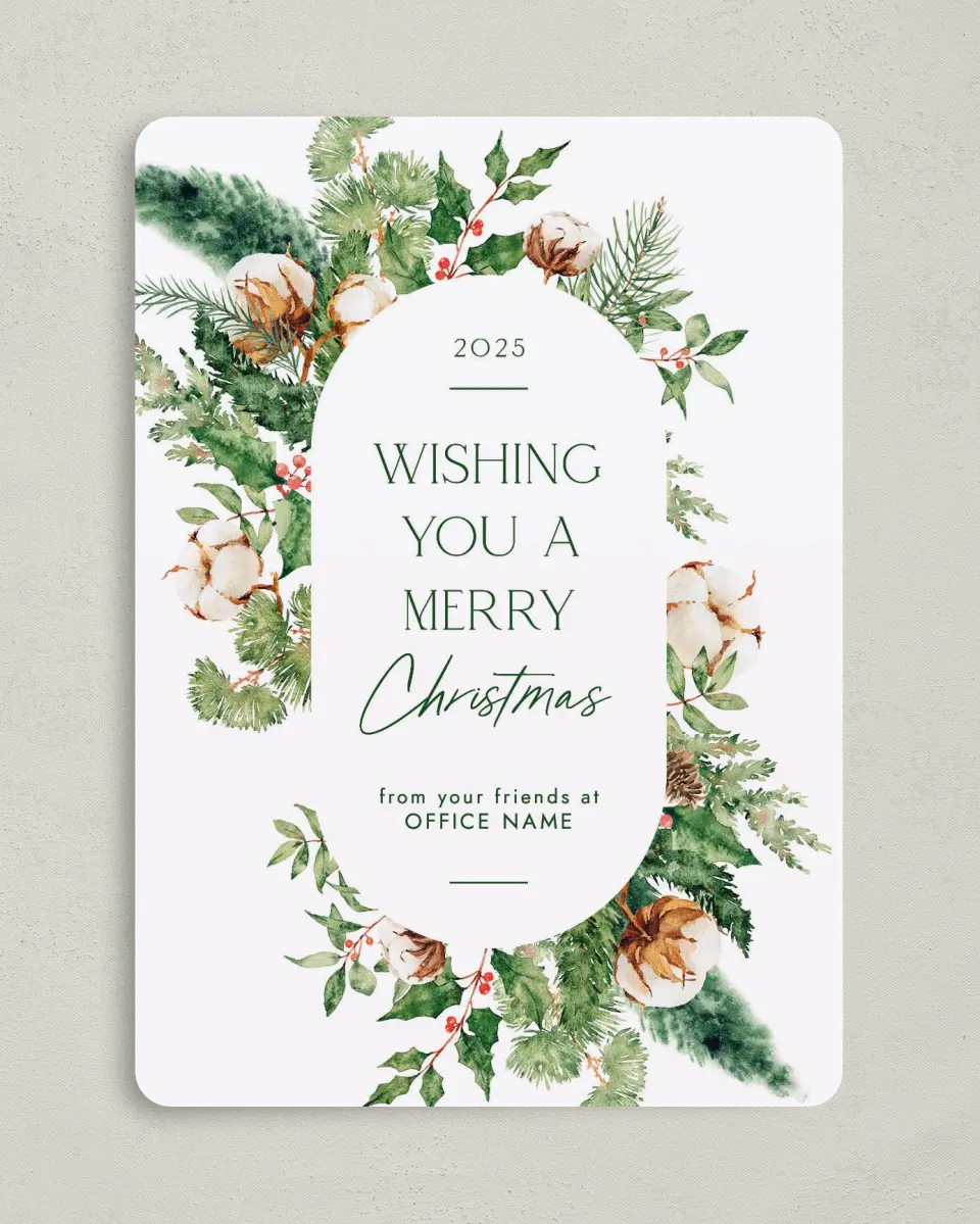 This is a 5" x 7" Christmas Card called Wreath of Cheer printed in full color on Premium Smooth paper
