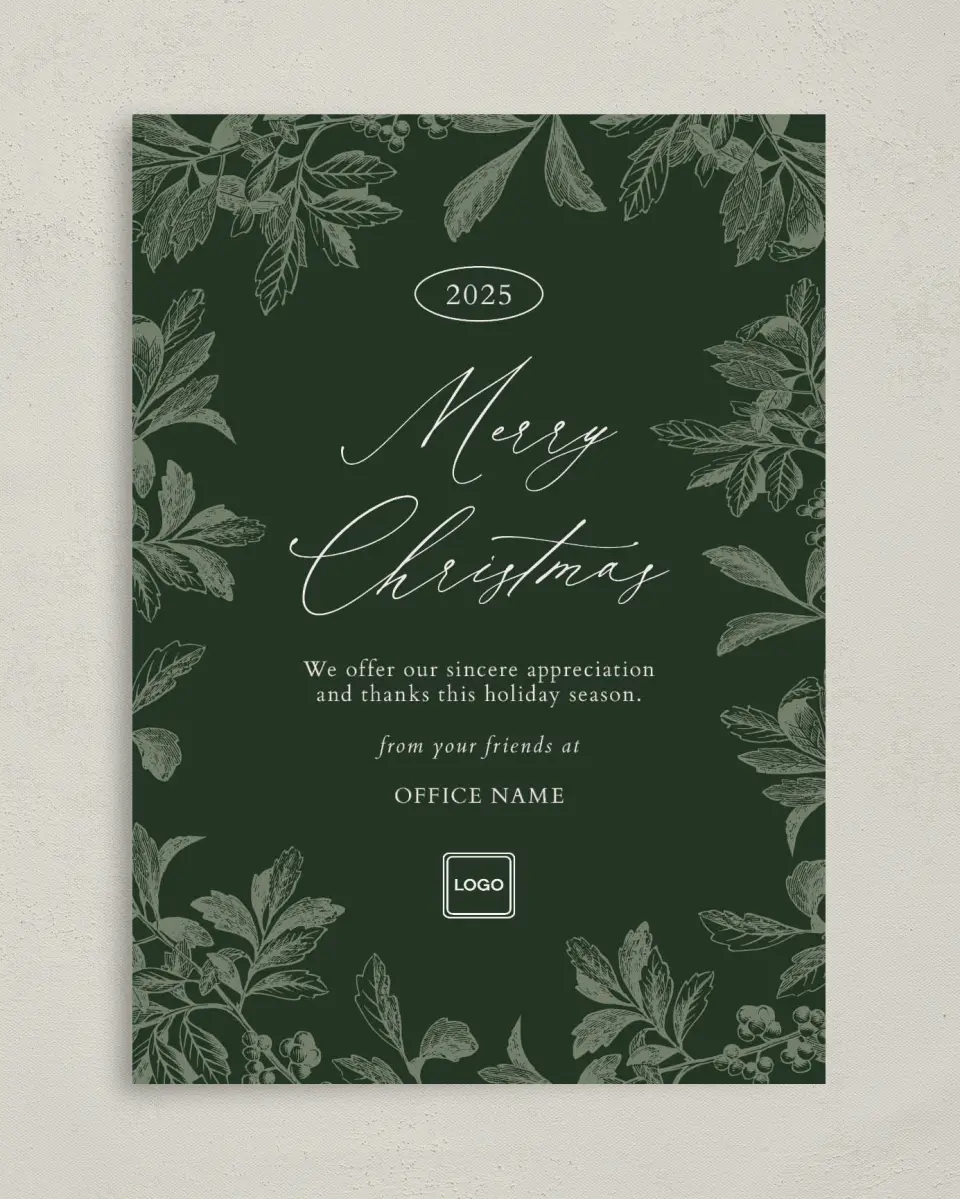 This is a 5" x 7" Christmas Card called Sophisticated Christmas printed in full color with Rose Gold foil on Soft Suede (coated) paper