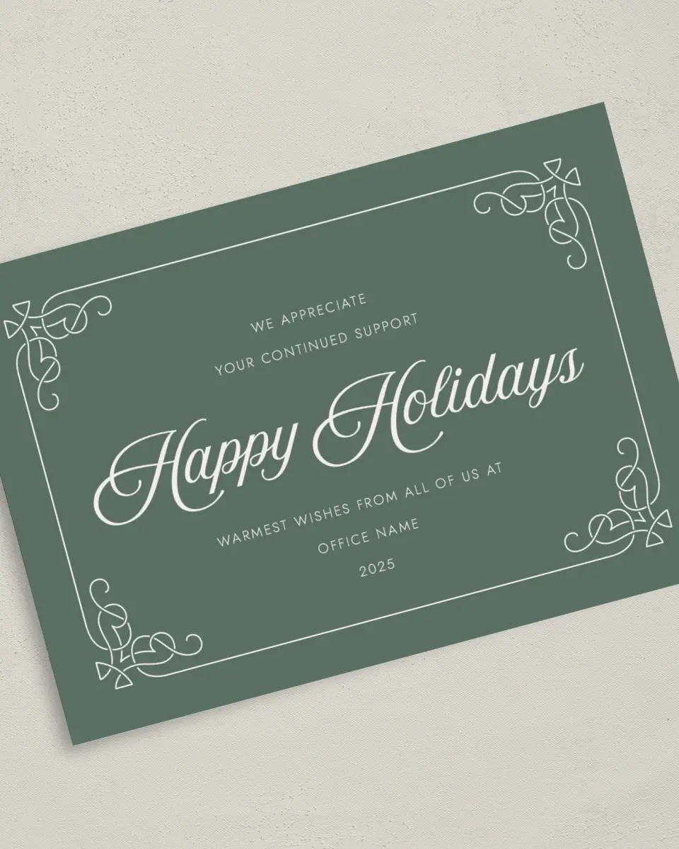 This is a 5" x 7" Christmas Card called Fancy Festivities printed in full color with Rose Gold foil on Soft Suede (coated) paper