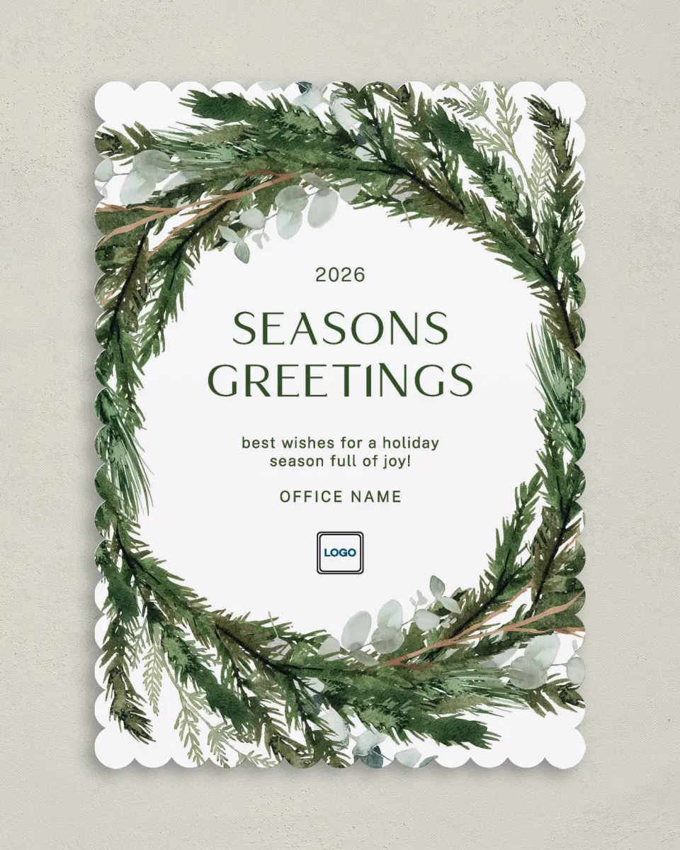 This is a 5" x 7" Christmas Card called Christmas Wreath printed in full color on Premium Smooth paper on Premium Smooth paper on Premium Smooth paper
