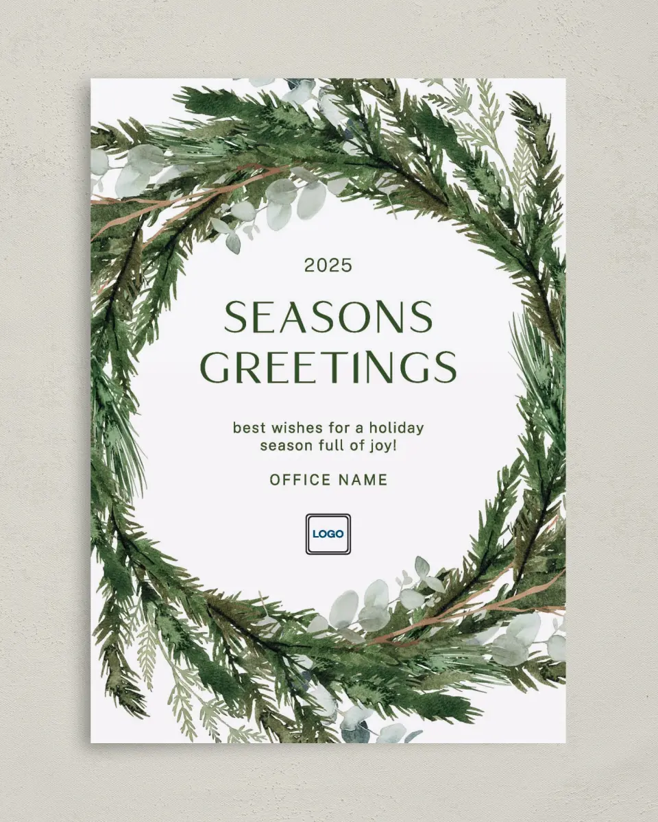 This is a 5" x 7" Christmas Card called Christmas Wreath printed in full color with Rose Gold foil on Soft Suede (coated) paper