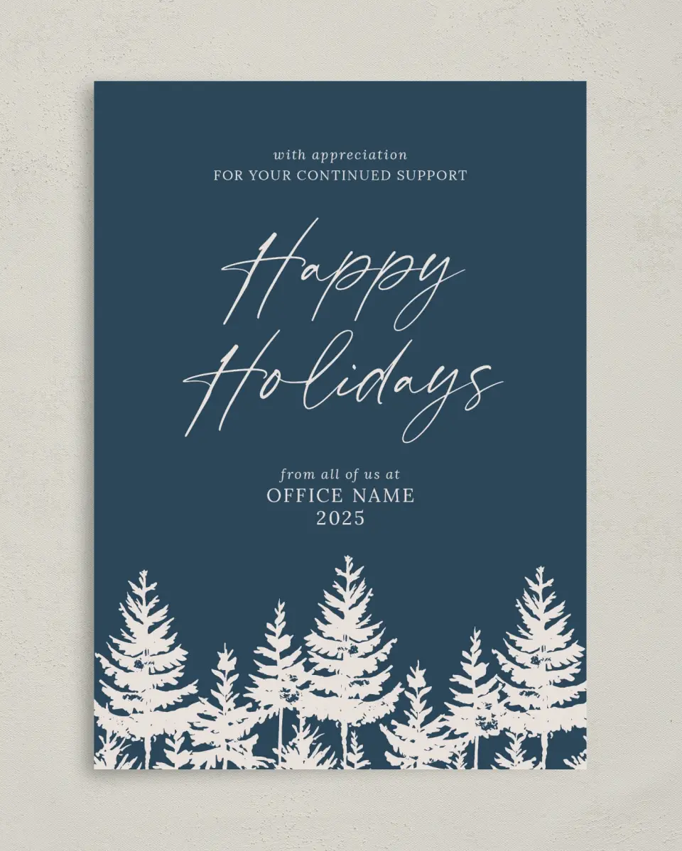 This is a 5" x 7" Christmas Card called Silhouette Solstice printed in full color with Rose Gold foil on Soft Suede (coated) paper